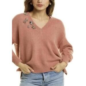 Cinq à Sept Pink Kamila Wool Blend V-Neck Embellished Sweater - Size - Medium